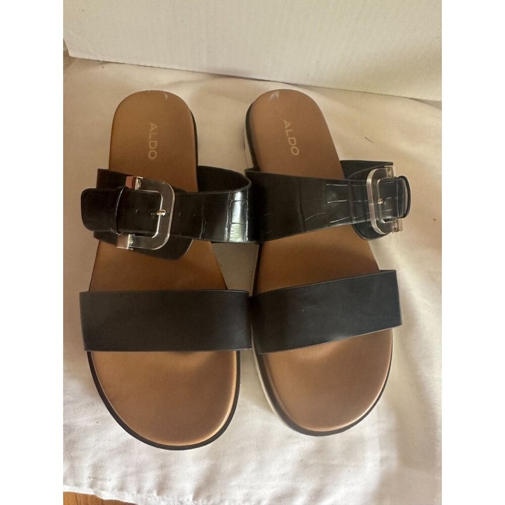NWOT Aldo black faux croco double strap sandal with silvertone buckle design sz